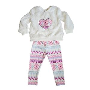 BTWEEN 18m 2PC Outfit Pink White Heart Snowflake Soft Plush Sweater Top & Pants